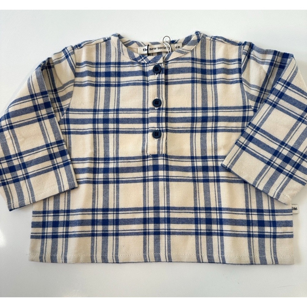 The New Society Jean Baby Shirt Blue Check Plaid Cotton Top 6m NWT